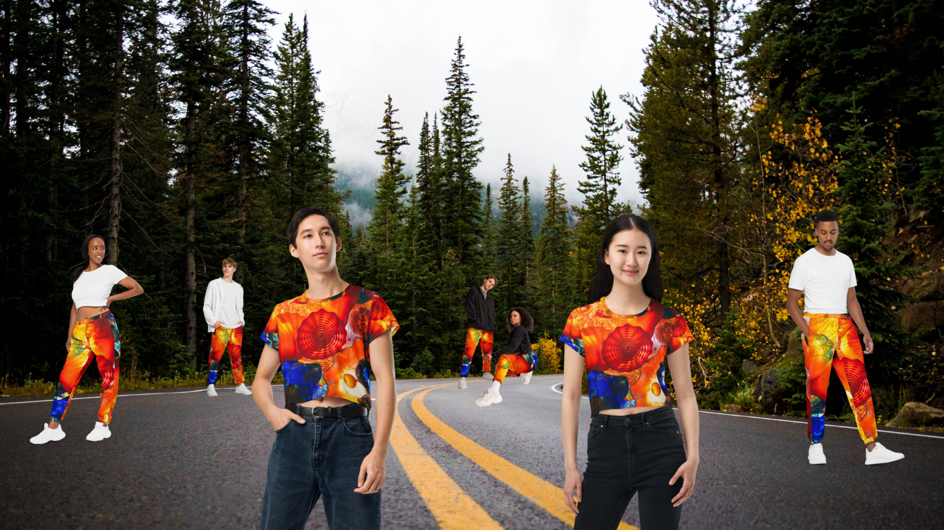 Model wearing the Christ Unisex Crop Tee featuring vivid, colorful abstract art design, part of the Alex Flex CHRIST collection.